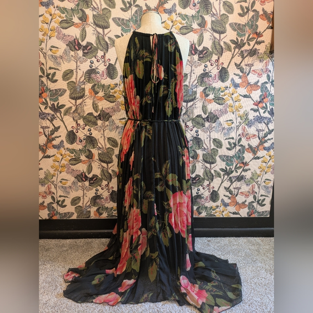 Anthropologie- Rose Halter Neck Gown- One Size Fits Most- Navy with Pink Roses. - Picture 3 of 4
